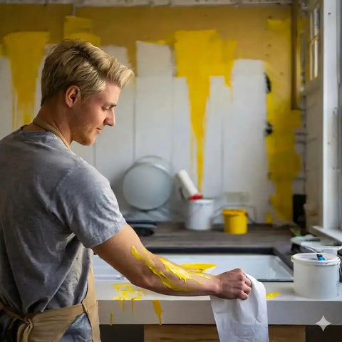 Man cleaning paint spills with 350 Count White Heavy-Duty Shop Towels, Ultra Absorbent Industrial Wipers in kitchen