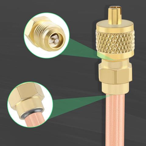 Brass Schrader valve stem adapter for HVAC vacuum kit, 1/4" SAE thread, 2.75" length with knurled grip