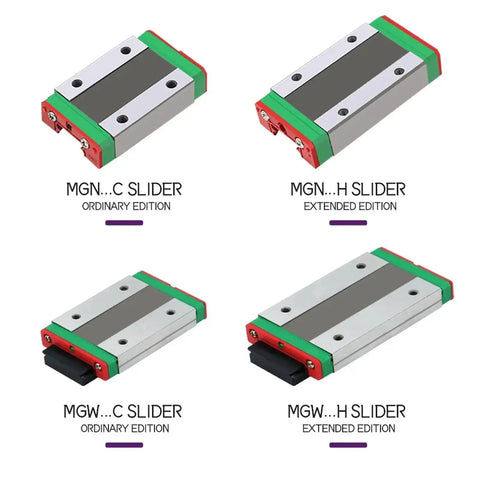 Four linear slide blocks including MGN...C and MGN...H sliders for 3D printers and CNC projects, showing ordinary and extended editions.