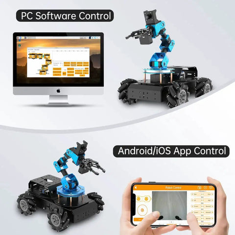 Robotic Arm Kit With Raspberry Pi 4B 4GB Open Source Programming FPV AI Vision 6DOF Robotic Arm Kit With 4WD Mecanum Wheel Big Chassis ArmPi Pro Compatible LewanSoul ROS System For Game Changing 360 Degree Omni Movement And First Person View shown with PC and mobile app controls