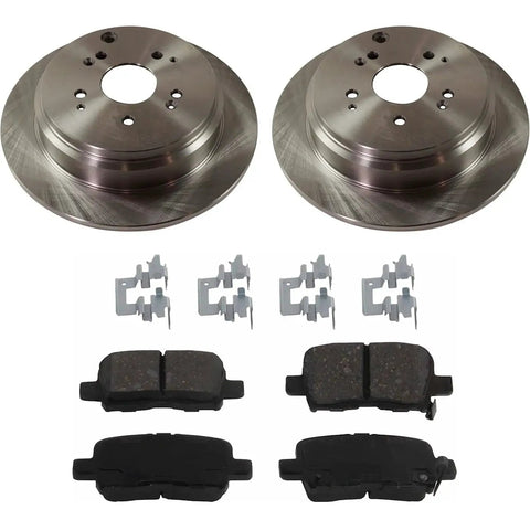 Brake rotor and pad kit for 2002-2004 Honda Odyssey rear solid 2-wheel set; two rotors, four brake pads, and hardware clips