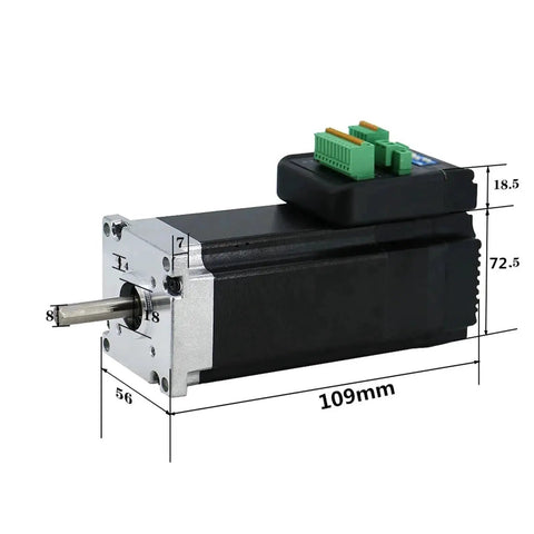 Side view of NEMA 23 integrated stepper motor with driver module; black body, silver flange, protruding shaft.