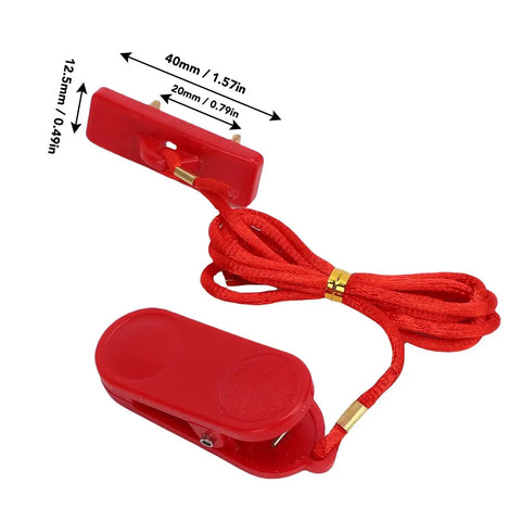 Two Pack Universal Treadmill Safety Key Emergency Stop Switch showing compact ABS key with red clip and dimensions for running machines.
