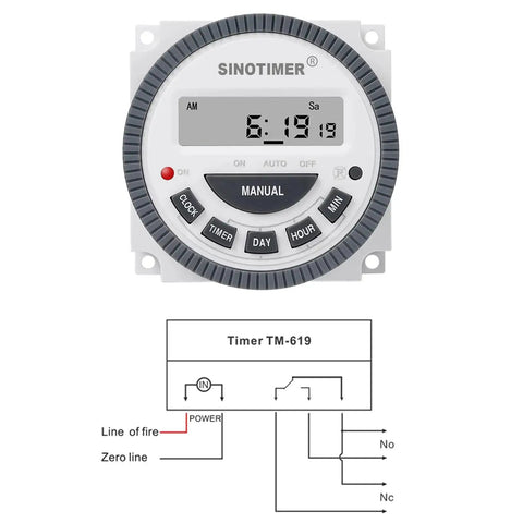 Front view of Digital 7 Day Programmable Timer Switch For 220V AC With LED Indicator And 18 On Off Per Day, panel mounted.