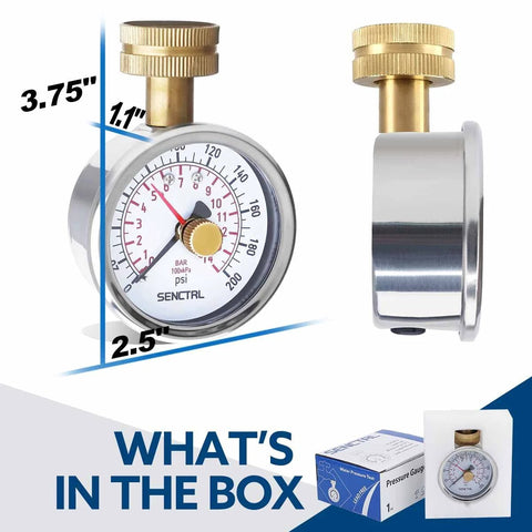 SENCTRL water pressure gauge, 2.5" dial, stainless steel case, 3/4" female hose thread, lead-free for home water.