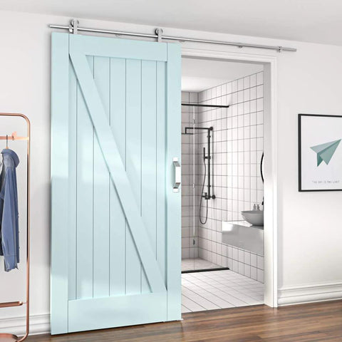 6 Foot Top Mount Stainless Steel Sliding Barn Door Hardware Track Kit For 30 To 36 Inch Single Doors Heavy Duty Anti Rust And Quiet Smooth Sliding Easy Install shown in modern bathroom setting