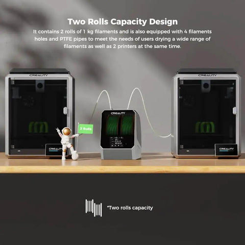 Space Pi Filament Dryer Plus for 1.75mm and 2.85mm filaments with dual roll capacity shown between two printers on a desk