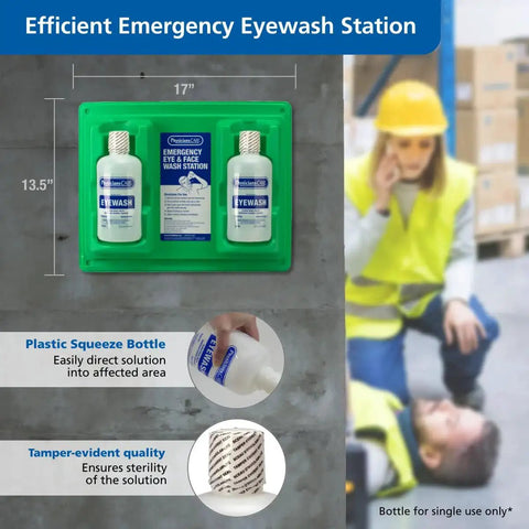 Wall Mount Eyewash Station with dual 32-ounce sterile isotonic buffered eye wash bottles for emergency eye rinse in workplace safety