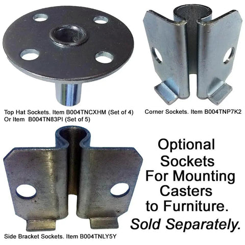 Optional metal sockets for mounting chair casters, including top hat, corner, and side bracket sockets. Sold separately.