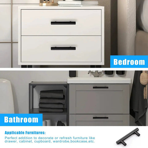 Black Cabinet Pulls 2-1/2 Inch Center-To-Center, installed on bedroom dresser and bathroom cabinet, 10 Pack Modern Cupboard Handles
