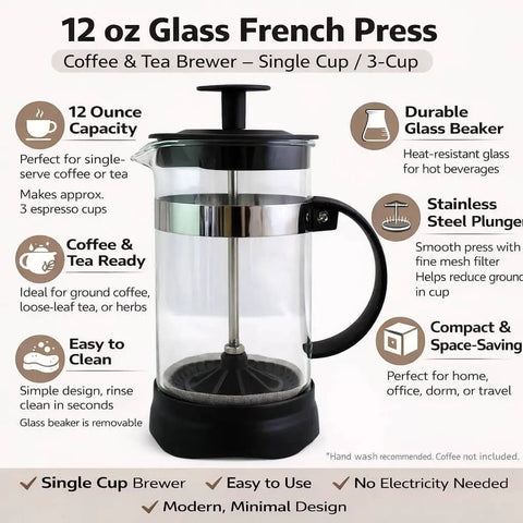 12 Ounce Glass French Press Coffee And Tea Brewer For Single Cup Brews Easy To Use With Durable Heat Resistant Glass And Plastic Exterior Reusable Mesh Filter And Smooth Pour Spout Compact 7 Inch Tall