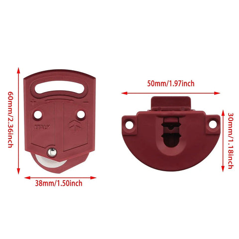16 Pieces Plastic Red Cabinet Sliding Door Pulley With Screws, front view showing dimensions and design.