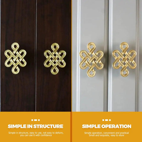 Chinese Knot Cabinet Pull Handle With Single Hole Design for wardrobes, cabinets, and dressers on dark and light wood surfaces.
