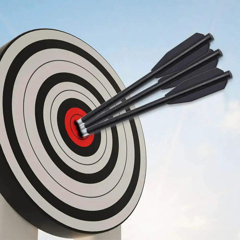 Crossbow Bolts Six Point Three Inch 36 Pack Black Plastic Shaft Arrows With Aluminum Point Tip hitting bullseye on target