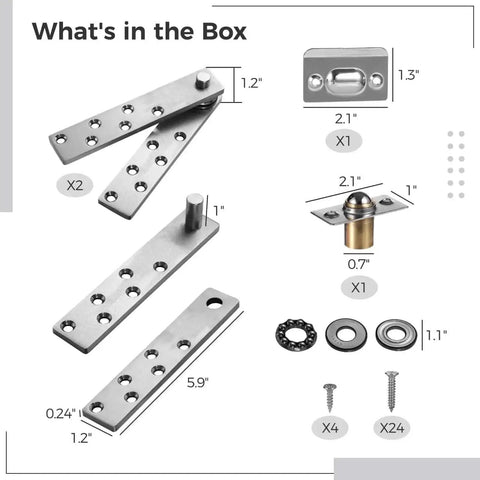 Contents of 2 Pack Beefy Heavy Duty Pivot Hinges With Bearing Style Hidden Hardware For Murphy Bookshelf Doors Stainless Steel