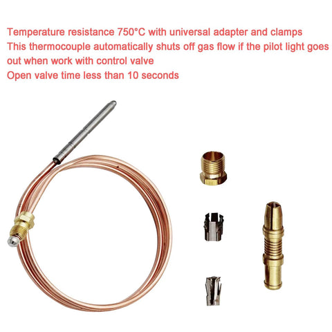 Thermocouple assembly with copper tube and stainless probe, plus brass adapters for Robertshaw thermostat control pilot burner (24/600mm)
