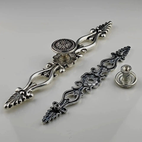 Vintage Sunflower Cabinet Knob With Back Plate Antique Silver and Black, hardware for cupboard and dresser. Includes two knob sizes.
