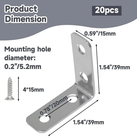 Diagram showing measurements of Heavy Duty L Bracket Corner Braces 20 Pack 1.5 Inch Right Angle Mounts for wood, with zinc plated screws.