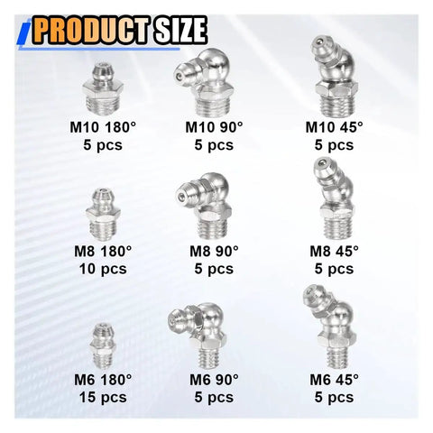 60 Piece Metric Grease Fittings Kit With M6 M8 M10 And One Quarter Inch One Eighth Inch Straight And Angled Zerk Adapters For Hydraulic Grease Guns, showing M10, M8, M6 fittings in various angles