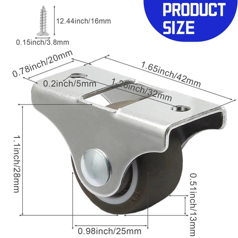 8 Pack 1 Inch Caster Wheels With Metal Top And TPE Rubber Low Profile Fixed Casters For Furniture Moving Cabinet Trundle Bed And Drawers Quiet Smooth Rolling On All Floor Surfaces Protects Floors And Fits In Tight Spaces, showing one wheel with size measurements.