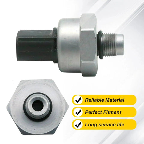 Brake fluid pressure sensor with metal housing, black electrical connector, and threaded mount; side and front views.