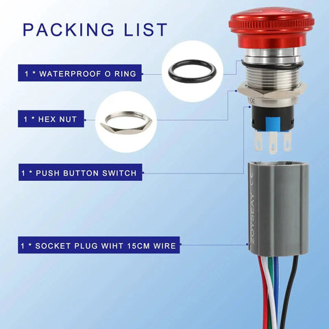 Packing list for Estop Button Latching 19mm Emergency Stop Switch 5A Mushroom 304 Stainless Steel For Marine Boat Heavy Duty Push Button With 11.3 Inch Wiring Socket Easy Install