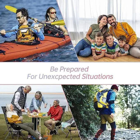Compact 276 Piece First Aid Kit For Home Car Camping Hiking Emergency Supplies In Water Resistant EVA Bag Lightweight About 1 Lb Great For Travel School Outdoor Adventures AMORNING collage showing outdoor and family activities.