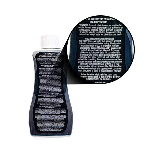 Backside view of a 7 oz bottle of Graphite Synthetic Liquid Fiber Dye For Clothing, Decor, And Crafts with instructions visible.