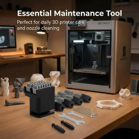 Must-Have 3D Printer Nozzle Wiper Kit All-In-One Maintenance Set for P1P P1S X1 X1C X1E displayed with printer in workshop