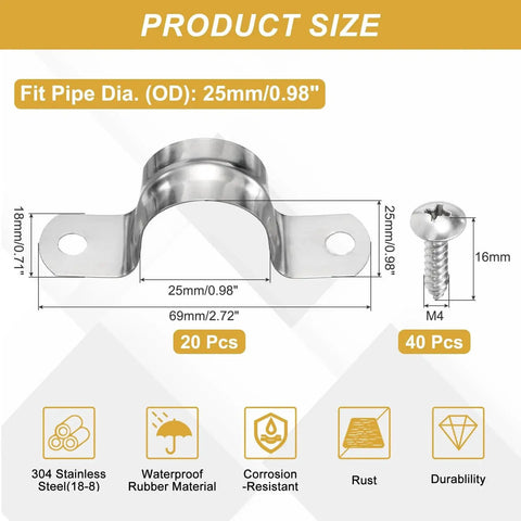 Heavy Duty 304 Stainless Steel Pipe Strap U Bracket Kit 20 Pcs 25mm 1 Inch Rigid Conduit Clamp size chart with screw