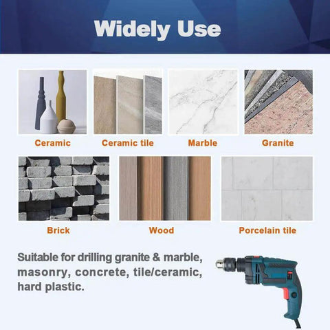 Image showing materials suitable for 25mm Diamond Core Drill Bit Set: ceramic, marble, granite, brick, wood, tile with drill illustration.