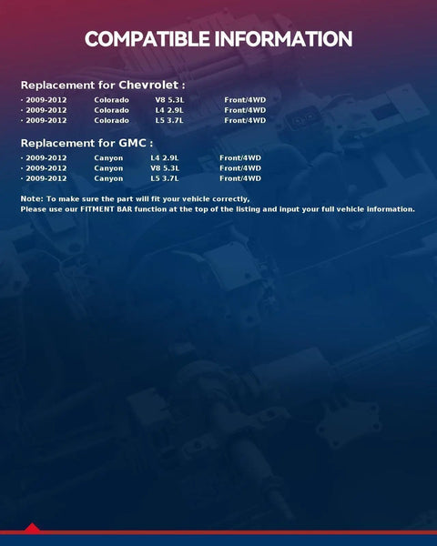 Compatible information for Chevy Colorado and GMC Canyon 2009-2012 4WD, showing engine specs for replacement parts.