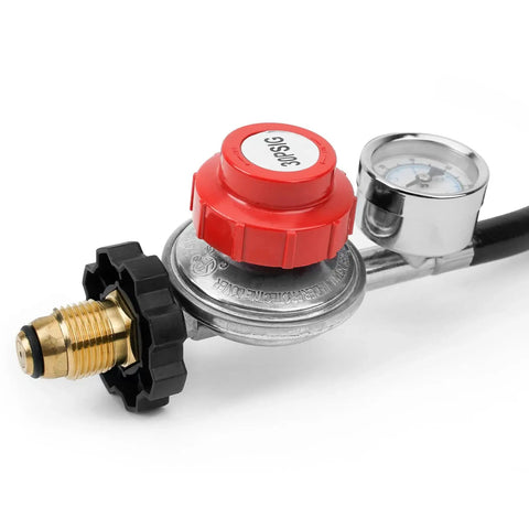 4 Foot High Pressure Propane Regulator With Gauge 0 To 60 Psi POL Connection Hose showing brass fittings and gauge