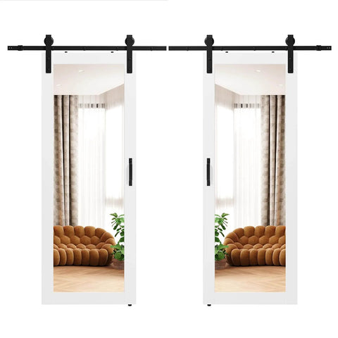60 Inch Wide Mirror Sliding Barn Door Set With Two 30 Inch Panels, 84 Inch Tall, Full Length Mirror Insert, Includes 2 By 6 Foot Sliding Hardware Kit, Pre Drilled MDF White Finish