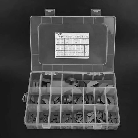 135 Piece Woodruff Key Half Moon Set for Gear Shafts Flywheels Pulleys and Cranks in an organized plastic storage case