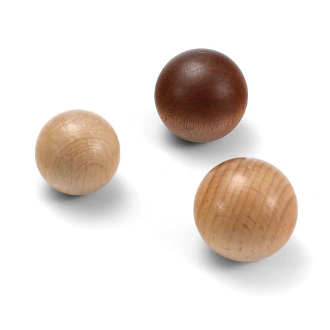 Red Wood Round Wooden Drawer Knobs 5 Inch Single Hole 0.9 Inch Diameter Six Piece Pack shown in various wood finishes.