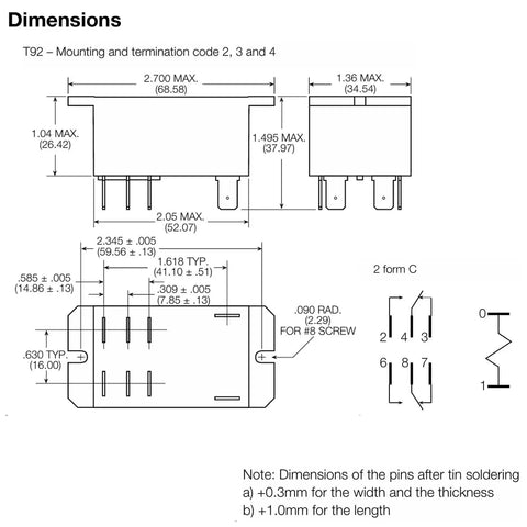 Technical diagram of Heavy Duty 12V DC DPDT Power Relay 30A, showing dimensions and pin configuration for automotive electronics applications.