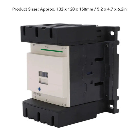 Three Pole AC Contactor 150 Amp With All The Right Accessories For Quick Circuit Connection And Safe Disconnection 110V Heavy Duty Controller 5.2 By 4.7 By 6.2 Inches, side view