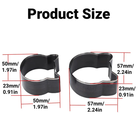Two cat head leather cutting dies in alloy steel, 57x57x23mm and 50x50x23mm, shown with dimensions and product size text.