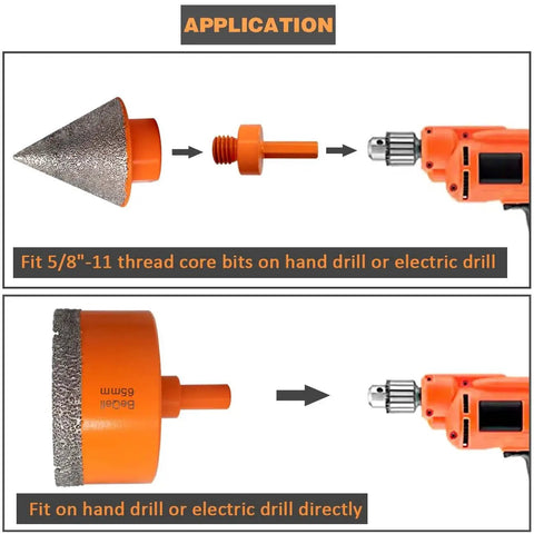 Application of 3 Piece Diamond Tile Beveling Bits Set Pro Grade Including 2 Inch Cone Chamfer Bit With 60 Degree Tip And 5/8-11 Thread Adapter