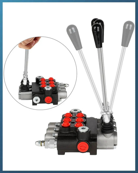 Beefy Three Spool Hydraulic Flow Control Valve For Tractor Loaders And Log Splitters, 11 GPM At 3600 PSI, G Port Inlet And Outlet, Adjustable Relief, shown with lever handles and adjustable relief