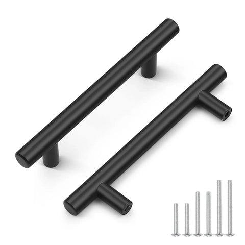 30 Pack Matte Black T Bar Cabinet Pulls, 6 Inch Length With 3-3/4 Inch Hole Centers, Stainless Steel Dresser Drawer Pulls and screws