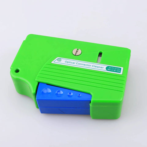 Amazon fiber optic connector cleaner 4-in-1 kit in green plastic case with blue module