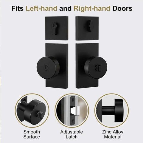 Front view of Matte Black Exterior Door Knob And Deadbolt Set Built Tough Heavy Duty Zinc Alloy Front Door Lock, with adjustable latch.