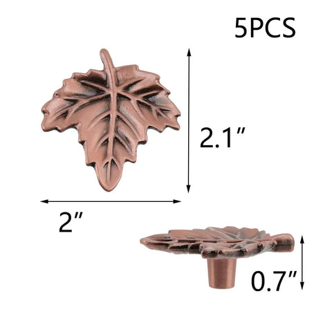 5 Pack Leaf Door Knob Handles Zinc Alloy Cupboard Pulls Vintage Style Drawer Pulls for Cabinets Dressers Red Bronze Finish 2.1x2 Inches