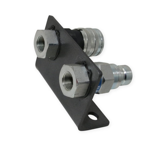 Hydraulic quick-connect coupler set with two flat-face 1/2 in NPT fittings, steel, mounting bracket for skid-steer