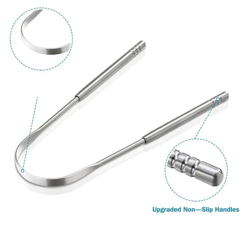 Three Piece Metal Tongue Scraper Set For Adults With Dual Handle Design Stainless Steel Tongue Cleaners close-up of scraper