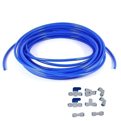 Blue 1/4in RO tubing coil with push-to-connect fittings for reverse osmosis; includes ball valve and Y/L/I/T adapters, 5 m.