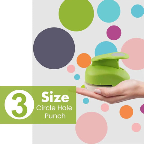Grab And Go Three Size Circle Hole Punch Set for Scrapbooking and Card Making with hand holding green 3-size punch tool