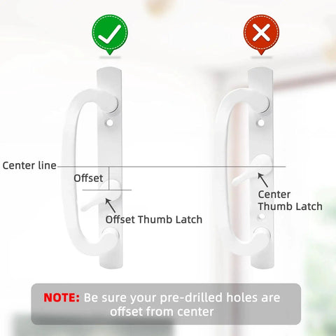 White Patio Sliding Glass Door Handle Set With Reversible Design Fits 1 3 8 To 2 1 4 Inch Thick Wood Or Vinyl Doors 3 15 16 Inch Hole Centers And 45 Degree Keyway For Offset B Position Latch Installations shown with offset and center thumb latches